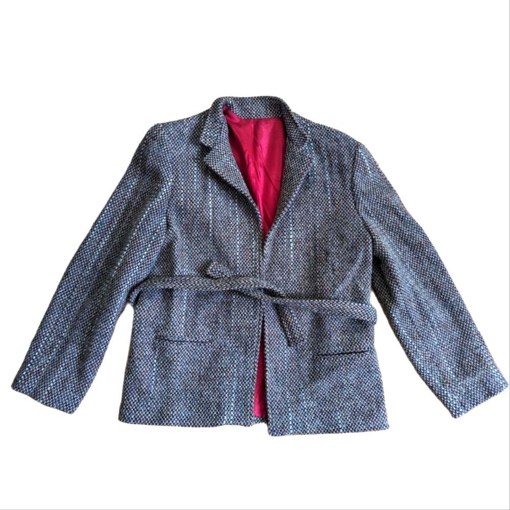 Vintage Applewood Wool Blend Tweed Open Front Belted Cardigan Blazer Suit Jacket